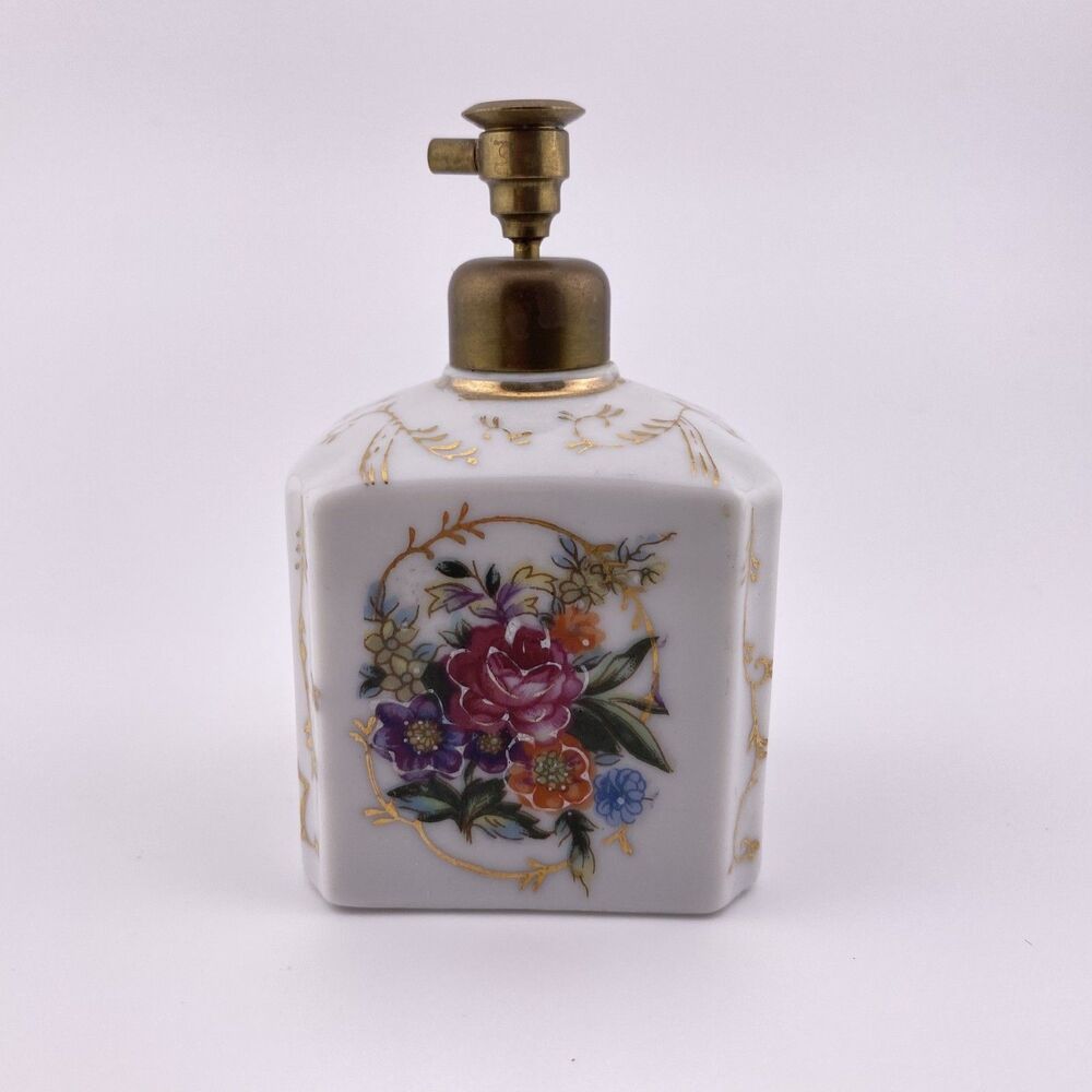 Vintage Irice Porcelain Hand Painted Atomizer Perfume Bottle Floral Brass Pump